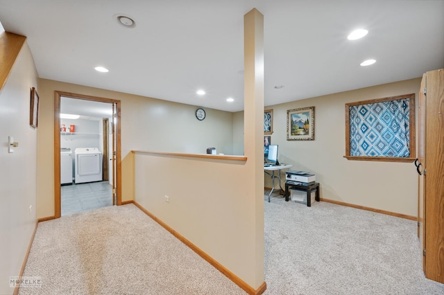 2430 Lakeside Dr, Aurora, IL 60504 - hallway featuring washer and dryer, carpet, recessed lighting, and an upstairs landing