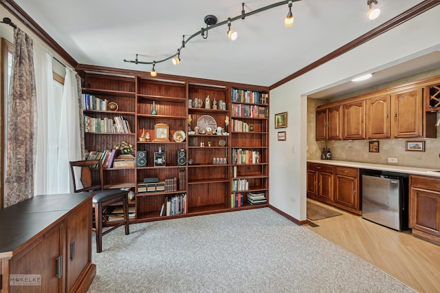 2430 Lakeside Dr, Aurora, IL 60504 - kitchen featuring dishwasher, open shelves, light wood-style floors, ornamental molding, and brown cabinetry