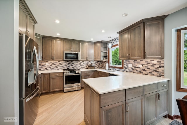 2430 Lakeside Dr, Aurora, IL 60504 - kitchen featuring appliances with stainless steel finishes, open shelves, a peninsula, light wood finished floors, and plenty of natural light