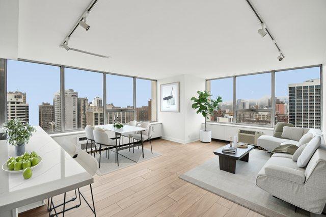 70 W Burton Pl Unit 2505F, Chicago, IL 60610 - living area featuring track lighting, a city view, wood finished floors, and plenty of natural light