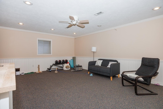 3308 Cumbria Dr, Bloomington, IL 61704 - living area featuring wainscoting, carpet flooring, a ceiling fan, recessed lighting, and crown molding