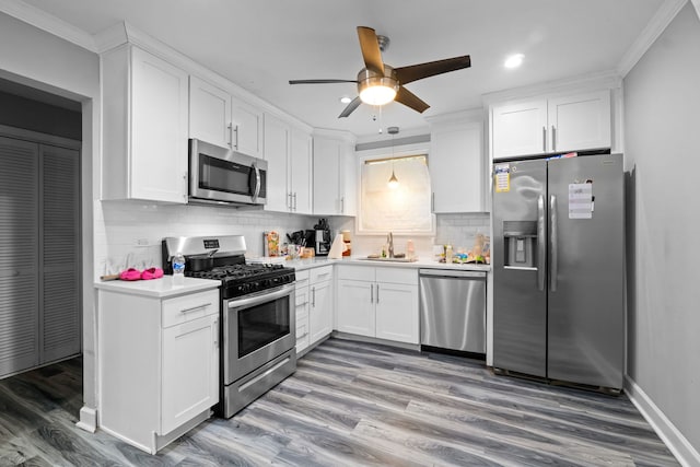 19 Apple Ln, Park Forest, IL 60466 - kitchen with stainless steel appliances, light countertops, ceiling fan, white cabinetry, and light wood finished floors