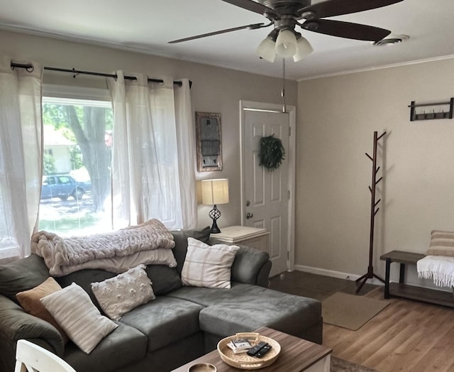 1302 Briarcliff Dr, Urbana, IL 61801 - living area with ceiling fan, wood finished floors, and ornamental molding