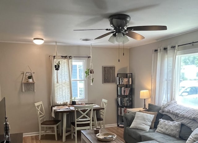 1302 Briarcliff Dr, Urbana, IL 61801 - living room with plenty of natural light, wood finished floors, ceiling fan, and ornamental molding