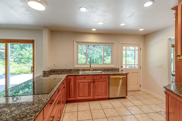 16 Yorkshire Dr, Lincolnshire, IL 60069 - kitchen with dishwasher, black electric cooktop, light tile patterned flooring, recessed lighting, and brown cabinetry