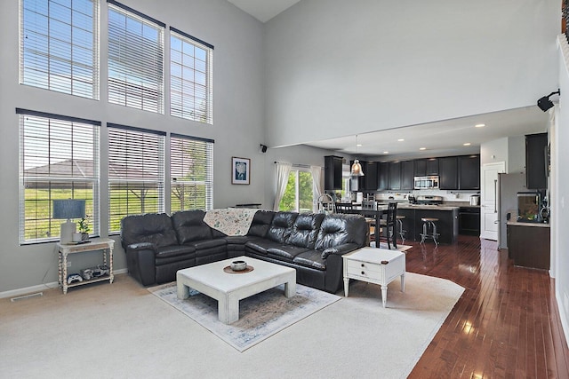 3512 Chancery Ln, Carpentersville, IL 60110 - living room with a towering ceiling, dark wood finished floors, and recessed lighting