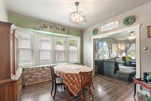 18329 Klimm Ave, Homewood, IL 60430 - dining area with a chandelier, wood finished floors, crown molding, and a ceiling fan
