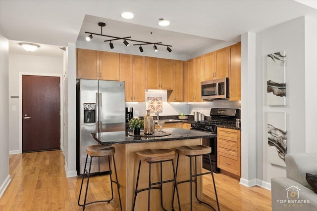1250 S Michigan Ave Unit 1007, Chicago, IL 60605 - kitchen with appliances with stainless steel finishes, light wood-style floors, a breakfast bar, rail lighting, and a center island