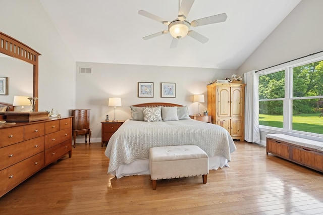 19466 W Aspen Dr, Mundelein, IL 60060 - bedroom featuring light wood finished floors, high vaulted ceiling, and a ceiling fan