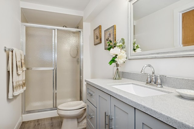 19466 W Aspen Dr, Mundelein, IL 60060 - bathroom with vanity, a shower stall, and wood finished floors