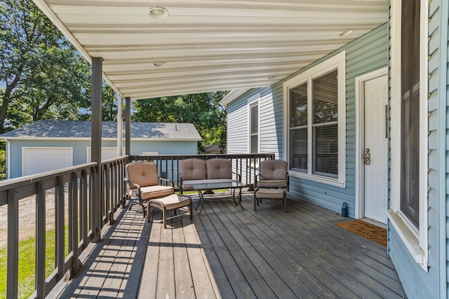 206 W N St, Leroy, IL 61752 - wooden terrace with outdoor lounge area and an outdoor structure