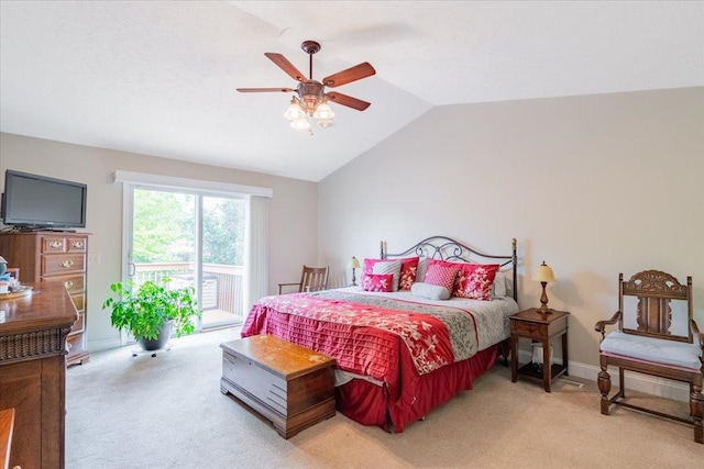 2236 Boulder Dr, Normal, IL 61761 - bedroom with access to outside, light colored carpet, lofted ceiling, and ceiling fan