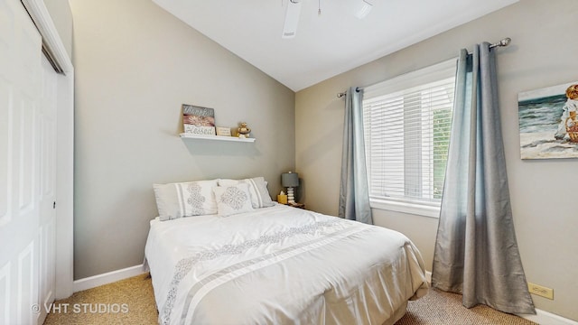 25333 W Richmond Ave, Antioch, IL 60002 - bedroom featuring vaulted ceiling, a closet, light colored carpet, and ceiling fan