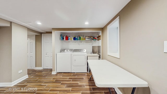 25333 W Richmond Ave, Antioch, IL 60002 - laundry area featuring dark wood-type flooring, washing machine and clothes dryer, and recessed lighting