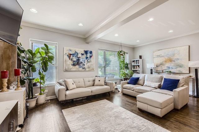 4353 S Indiana Ave Unit 2, Chicago, IL 60653 - living room with dark wood finished floors, ornamental molding, and recessed lighting