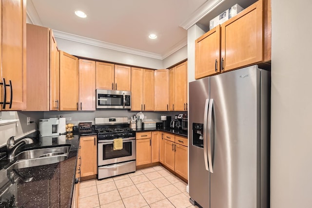 4353 S Indiana Ave Unit 2, Chicago, IL 60653 - kitchen with appliances with stainless steel finishes, ornamental molding, light tile patterned flooring, dark stone countertops, and recessed lighting