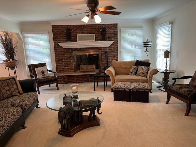 1312 Frederick Ln, Naperville, IL 60565 - living room featuring ceiling fan, crown molding, carpet floors, and a fireplace