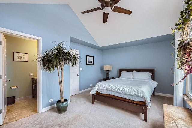 5404 N Hoyne Ave Unit 5404, Chicago, IL 60625 - bedroom with light colored carpet, ensuite bathroom, high vaulted ceiling, and ceiling fan