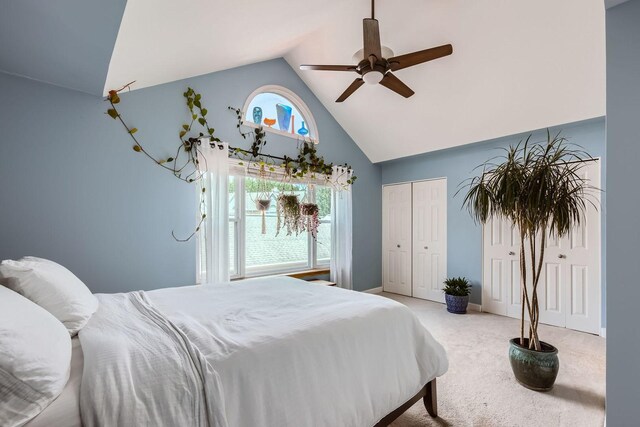 5404 N Hoyne Ave Unit 5404, Chicago, IL 60625 - bedroom with light colored carpet, high vaulted ceiling, and ceiling fan