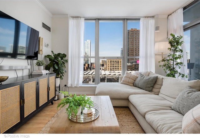 600 N Dearborn St Unit 701, Chicago, IL 60654 - living area featuring a city view, wood finished floors, and crown molding