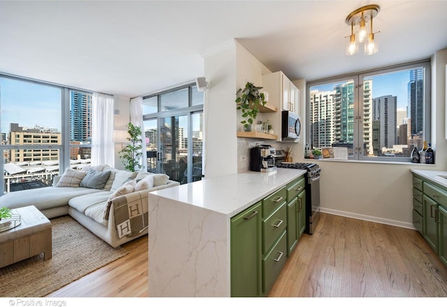 600 N Dearborn St Unit 701, Chicago, IL 60654 - kitchen with green cabinetry, appliances with stainless steel finishes, light wood-style floors, and a city view