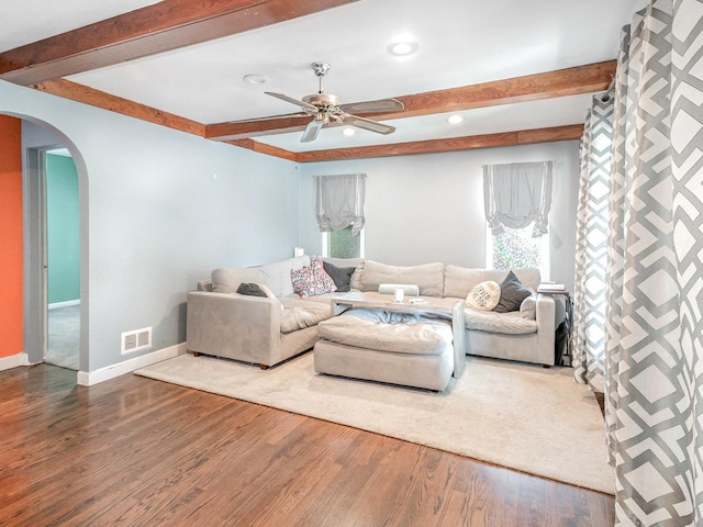 316 S Park St, Westmont, IL 60559 - living room featuring arched walkways, beamed ceiling, ceiling fan, wood finished floors, and recessed lighting