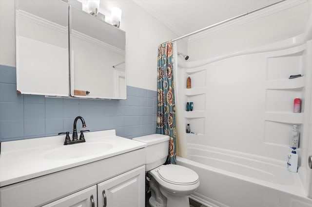 9451 Elm Ave, Mokena, IL 60448 - full bathroom with tile walls, vanity, shower / bath combo with shower curtain, crown molding, and wainscoting
