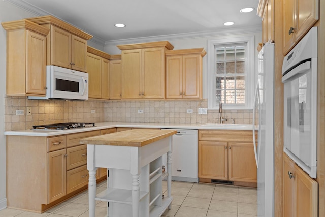 572 Stockbridge Ct, Lake Forest, IL 60045 - kitchen with white appliances, light brown cabinets, open shelves, butcher block countertops, and crown molding