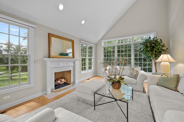 572 Stockbridge Ct, Lake Forest, IL 60045 - living room with plenty of natural light, high vaulted ceiling, a high end fireplace, wood finished floors, and recessed lighting