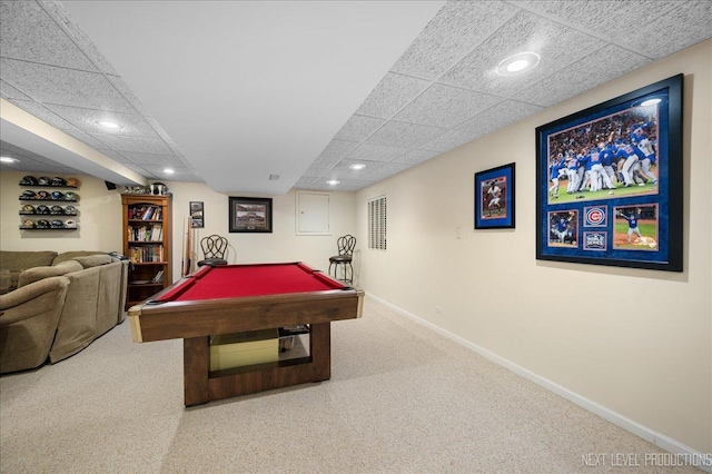 1200 Crestview Dr, Batavia, IL 60510 - game room featuring a paneled ceiling, carpet, recessed lighting, and billiards