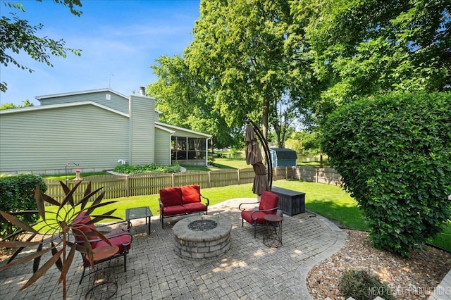1200 Crestview Dr, Batavia, IL 60510 - fenced backyard with a fire pit, a patio area, and a sunroom