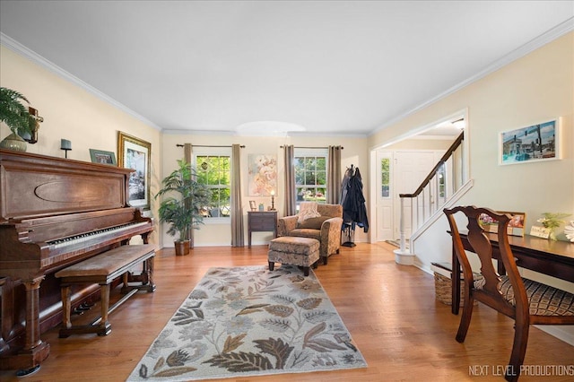 1200 Crestview Dr, Batavia, IL 60510 - living area featuring ornamental molding, wood finished floors, and stairway