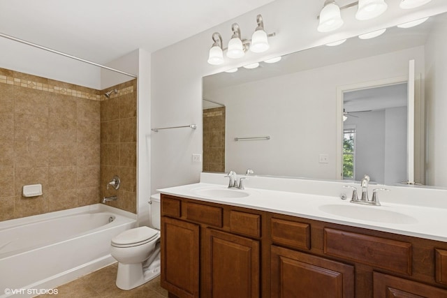 208 W Hyde St, Arlington Heights, IL 60005 - full bathroom with double vanity, bathing tub / shower combination, tile patterned flooring, and a ceiling fan