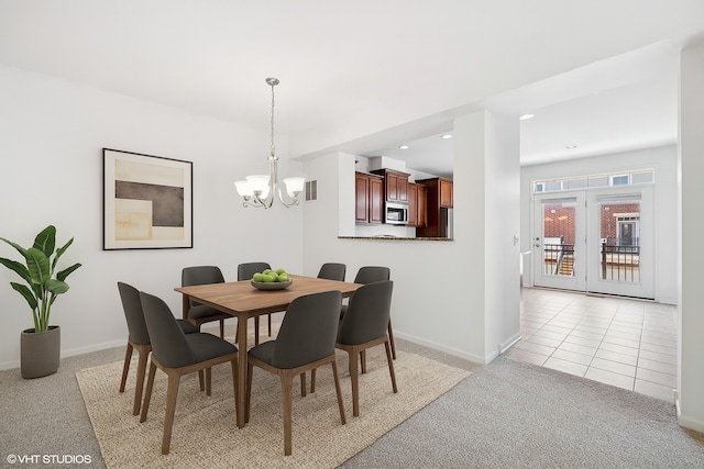 208 W Hyde St, Arlington Heights, IL 60005 - dining space featuring light colored carpet, a chandelier, recessed lighting, and french doors