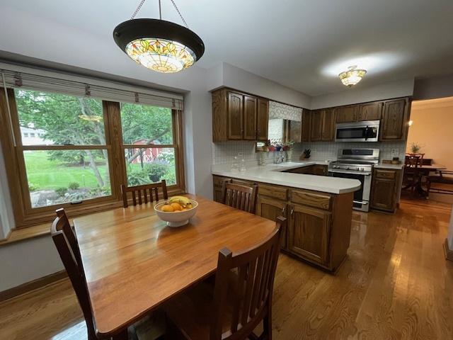 10S305 Havens Dr, Downers Grove, IL 60516 - kitchen with appliances with stainless steel finishes, light countertops, a peninsula, and decorative backsplash