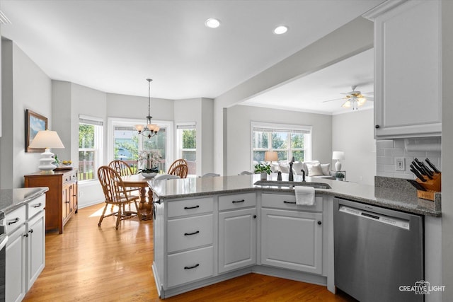39W183 E Burnham Ln, Geneva, IL 60134 - kitchen with dishwasher, a peninsula, light wood-type flooring, white cabinetry, and recessed lighting