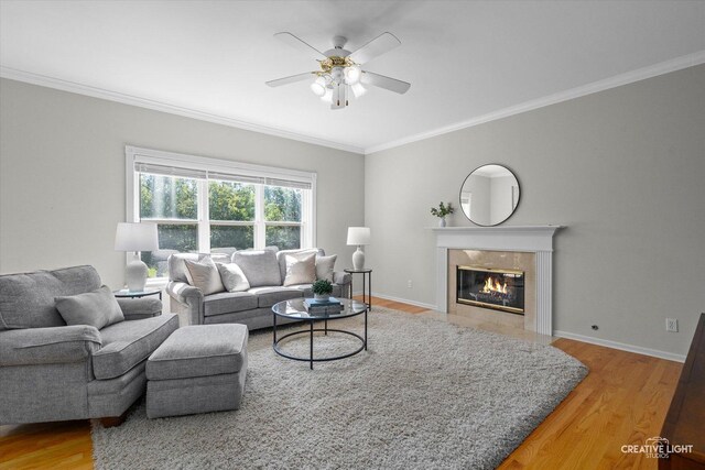 39W183 E Burnham Ln, Geneva, IL 60134 - living room featuring light wood-type flooring, a ceiling fan, crown molding, and a fireplace