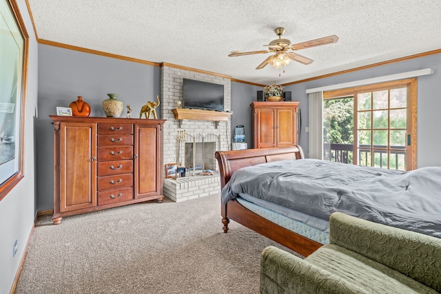 35W186 Duchesne Dr, Dundee, IL 60118 - bedroom with light colored carpet, crown molding, a brick fireplace, a textured ceiling, and ceiling fan