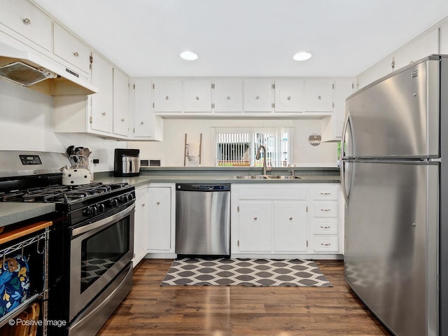 8228 W 140th St Unit 8228, Orland Park, IL 60462 - kitchen with appliances with stainless steel finishes, white cabinets, dark wood-type flooring, recessed lighting, and custom exhaust hood