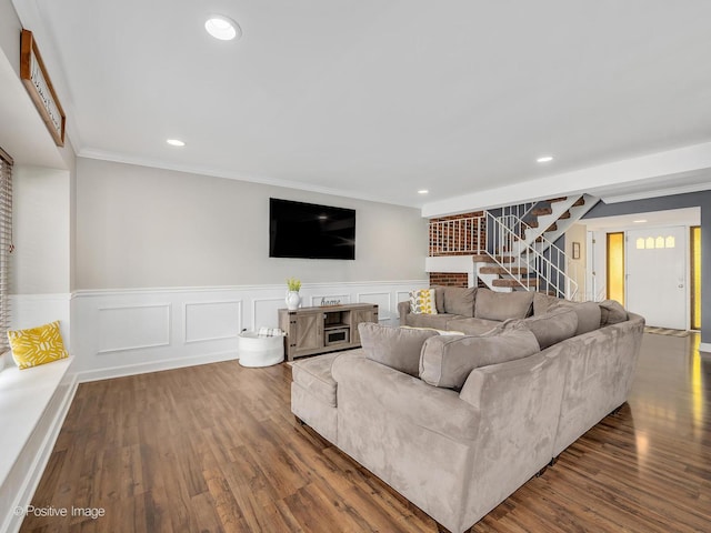 8228 W 140th St Unit 8228, Orland Park, IL 60462 - living area with stairs, wood finished floors, wainscoting, recessed lighting, and ornamental molding