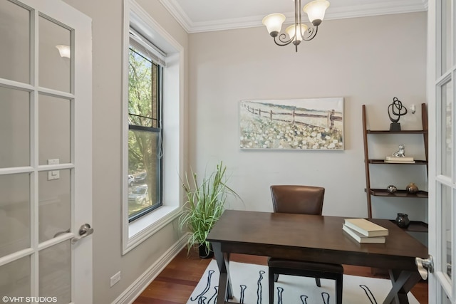 4507 N Paulina St Unit 2S, Chicago, IL 60640 - office space featuring crown molding, a chandelier, and dark wood-style floors
