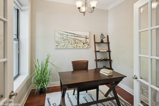4507 N Paulina St Unit 2S, Chicago, IL 60640 - office space with crown molding, dark wood finished floors, and a chandelier