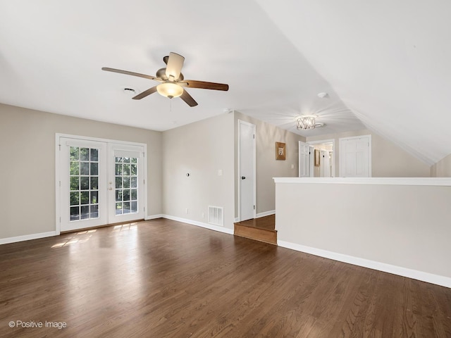 19 Indian Dr, Clarendon Hills, IL 60514 - unfurnished living room featuring a ceiling fan, dark wood-style flooring, french doors, and vaulted ceiling