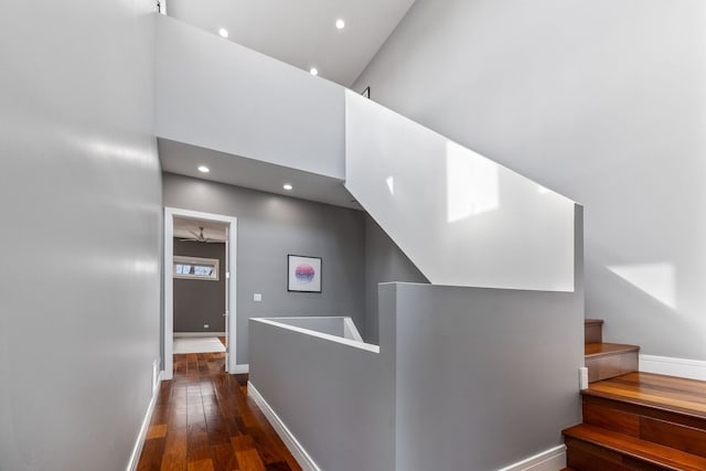 1123 W 19th St, Chicago, IL 60608 - hallway featuring wood-type flooring, recessed lighting, an upstairs landing, and a towering ceiling