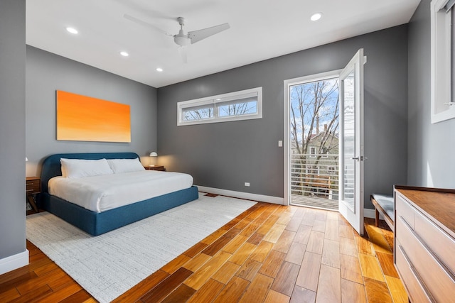 1123 W 19th St, Chicago, IL 60608 - bedroom featuring access to outside, light wood finished floors, recessed lighting, and ceiling fan