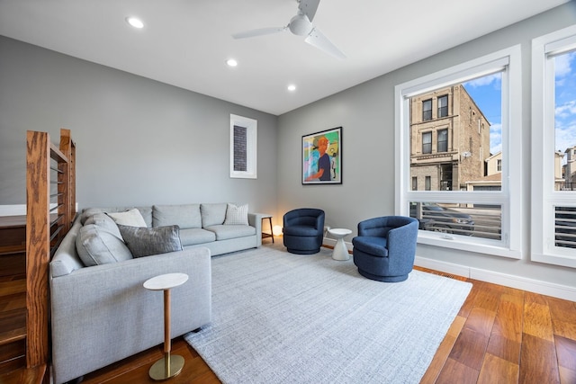 1123 W 19th St, Chicago, IL 60608 - living room featuring ceiling fan, wood finished floors, and recessed lighting