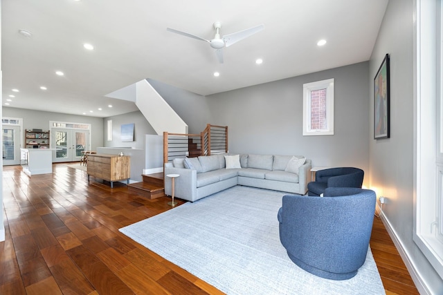 1123 W 19th St, Chicago, IL 60608 - living area featuring wood finished floors, a ceiling fan, recessed lighting, and stairs