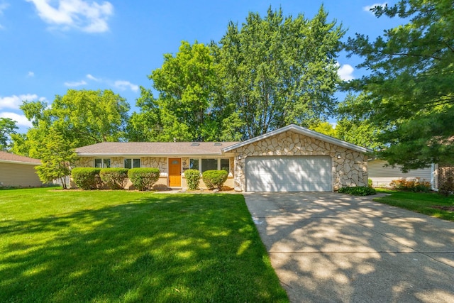 808 S Cedarcrest Dr, Schaumburg, IL 60193 - ranch-style home with stone siding, an attached garage, concrete driveway, and a front lawn