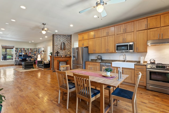 4424 S University Ave, Chicago, IL 60653 - kitchen featuring stainless steel appliances, ceiling fan, under cabinet range hood, decorative backsplash, and light wood finished floors