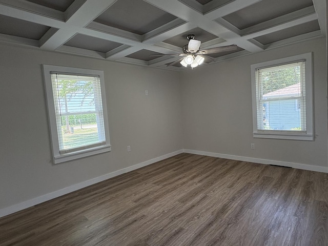 5101 W 1000 N Rd, Kankakee, IL 60901 - spare room featuring healthy amount of natural light, coffered ceiling, dark wood-type flooring, beamed ceiling, and ceiling fan